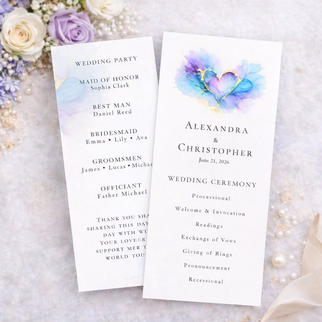 Blue Purple Gold Abstract Heart Wedding Program  (Créateur téléchargé)