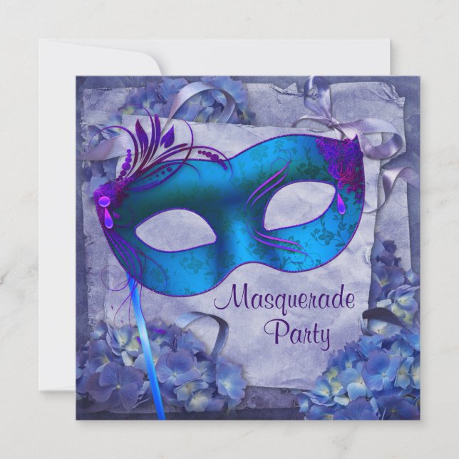 Blue Purple Hydrangea Masquerade Party Invitations (Devant)