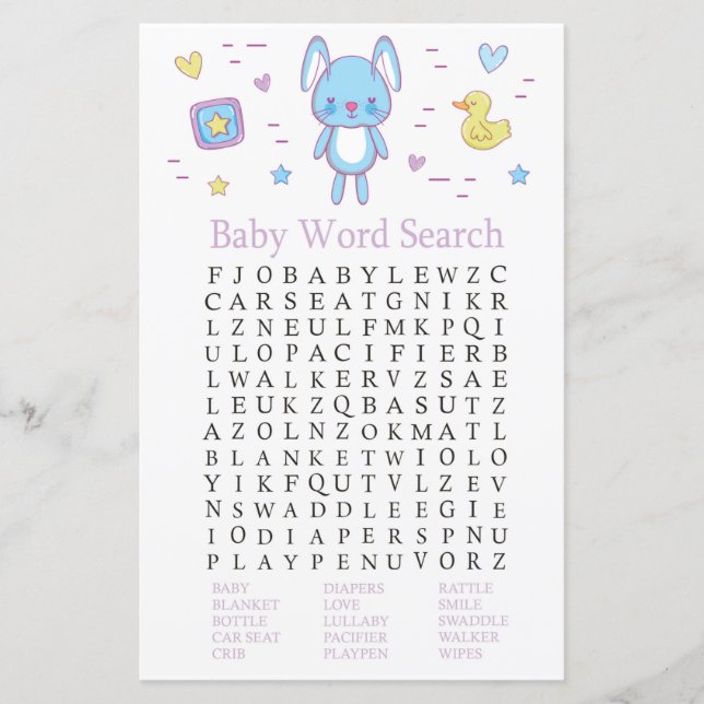 Blue Rabbit Baby shower Word Recherche Jeu (Devant)