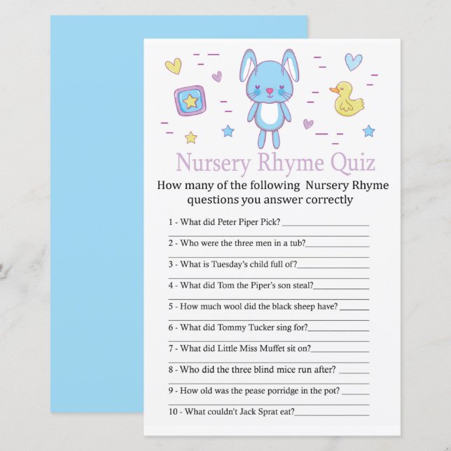 Blue Rabbit Nursery Rhyme Quiz jeu de baby shower (Devant / Derrière)