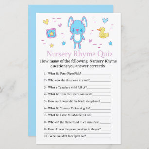 Blue Rabbit Nursery Rhyme Quiz jeu de baby shower