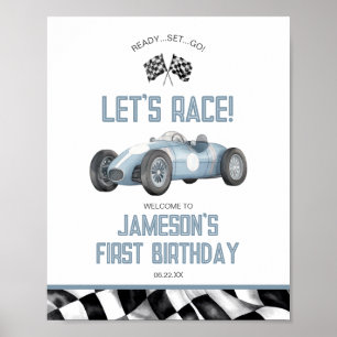 Blue Race Car Anniversaire Affiche de bienvenue de