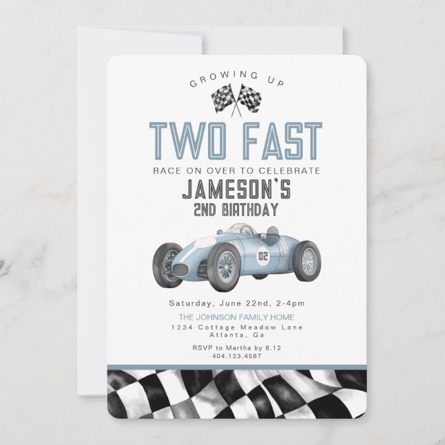 Blue Race Car Deux Fast 2nd Birthday Invitation (Devant)