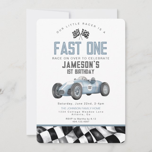 Blue Race Car Fast One 1st Birthday Party Invitati (Devant)