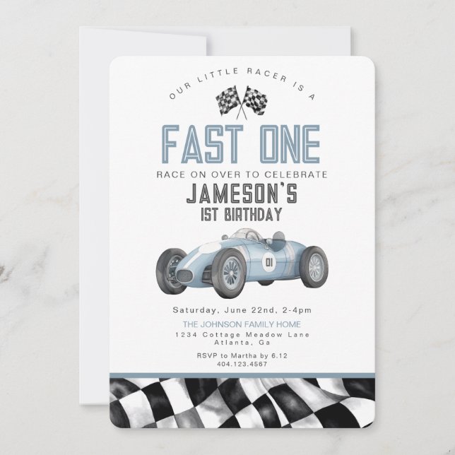 Blue Race Car Fast One 1st Birthday Party Invitati (Devant)