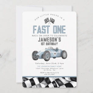Blue Race Car Fast One 1st Birthday Party Invitati