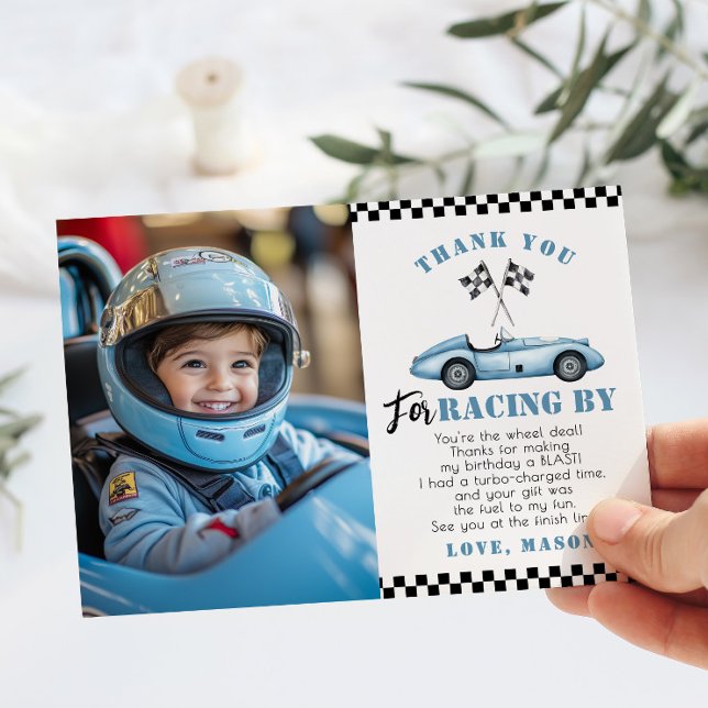 Blue Race Car Photo Anniversaire Carte de remercie (Créateur téléchargé)
