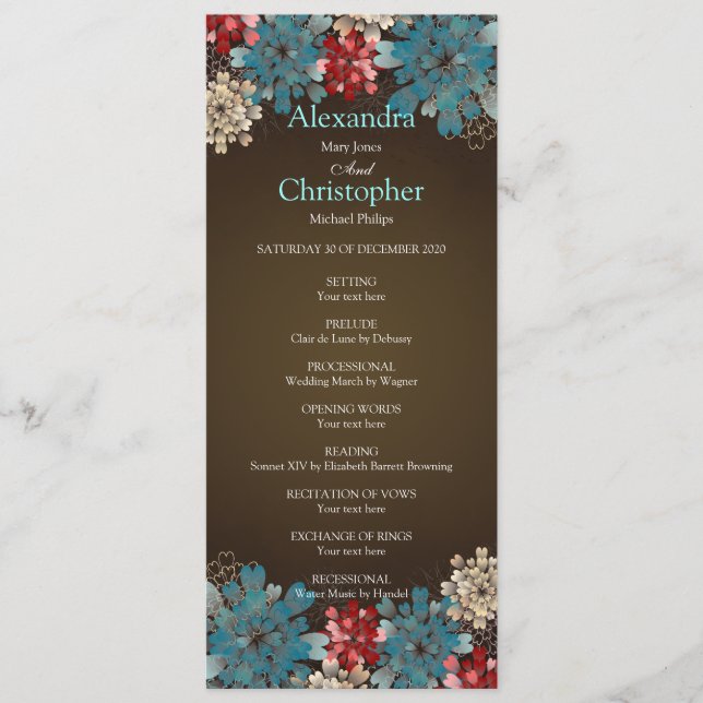 Blue Red & Cream Flowers Programme de mariage rétr (Devant)
