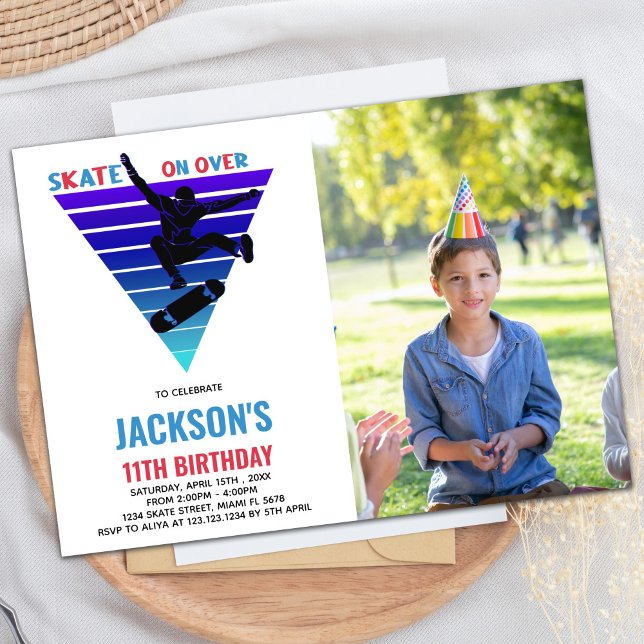 Blue Red Photo Skateboards Anniversaire Invitation (Blue Red Photo Skateboards Birthday Invitations)