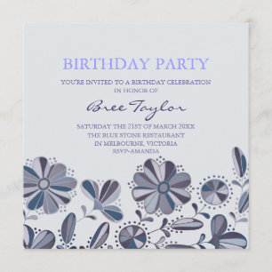 Blue Retro Flower Design Anniversaire Invitation