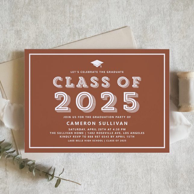 Blue Retro Typographie Graduation Party Invitation (Boho Terracotta Class of 2025 Retro Graduation Invitation)