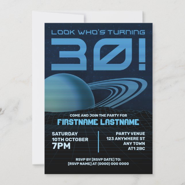 Blue Retrowave 30th Birthday Party Invitation (Devant)