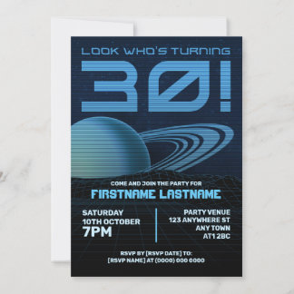 Blue Retrowave 30th Birthday Party Invitation