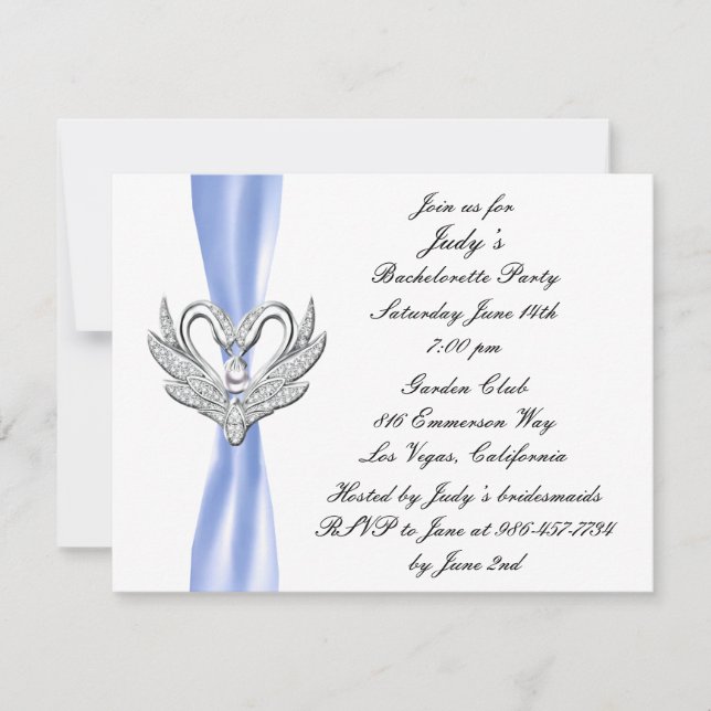Blue Ribbon Silver Swans Bachelorette Invitation (Devant)
