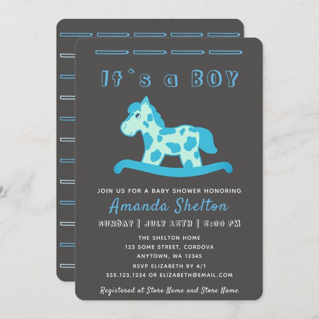 Blue Rocking Horse Baby Boy Shower Invitation (Devant / Derrière)