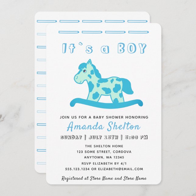 Blue Rocking Horse Baby Boy Shower Invitation (Devant / Derrière)
