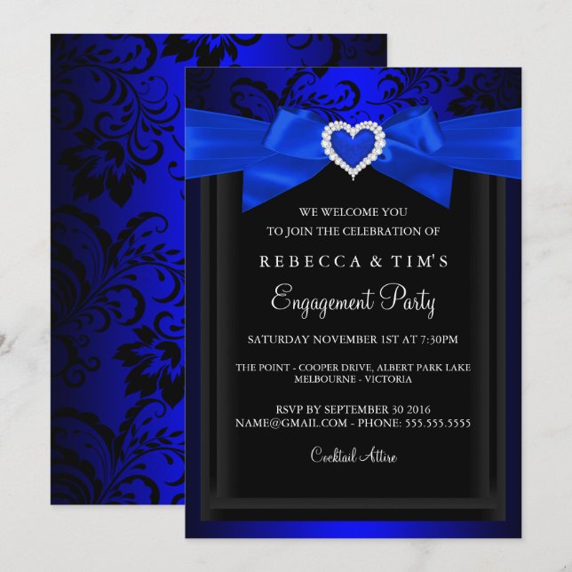 Blue Romantic Heart Engagement Party Invitation (Devant / Derrière)