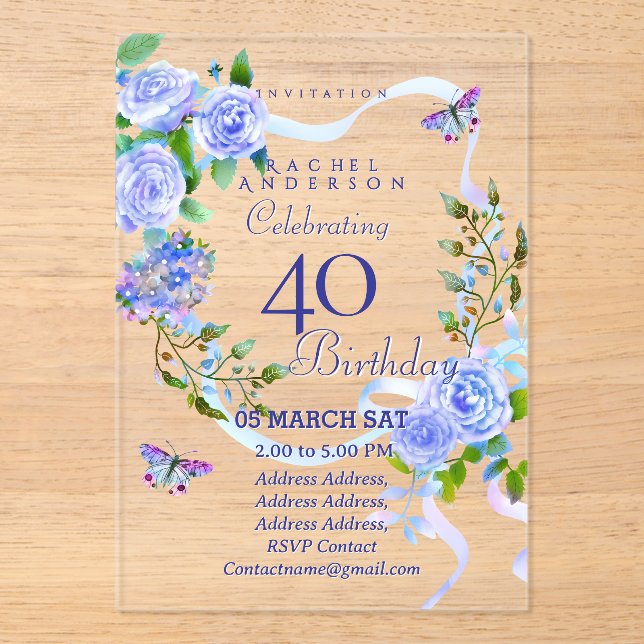 Blue Rose Ribbon 40th  Birthday Invitation (Recto)