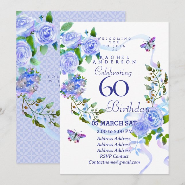 Blue Rose Ribbon 60th  Birthday Invitation (Devant / Derrière)