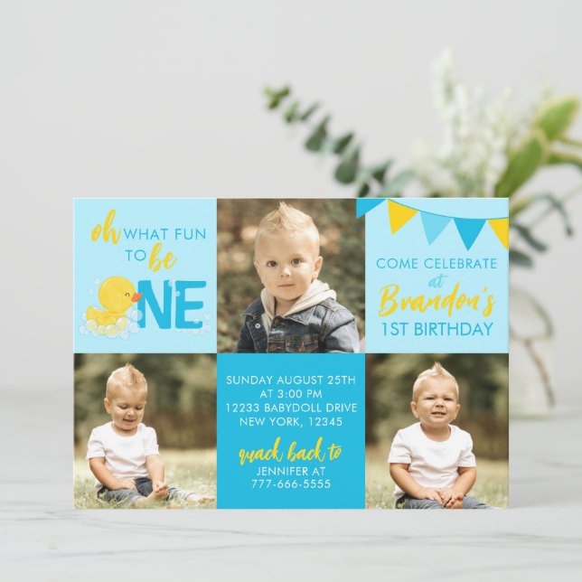 Blue Rubber Duck 3 Photo Anniversaire Invitation (Debout devant)