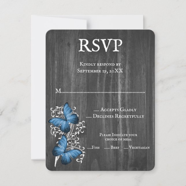 Blue Rustic Butterfly Wedding Carte RSVP (Devant)