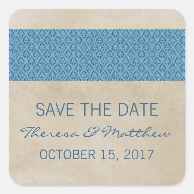 Blue Rustic Damask Enregistrer les stickers Date (Devant)