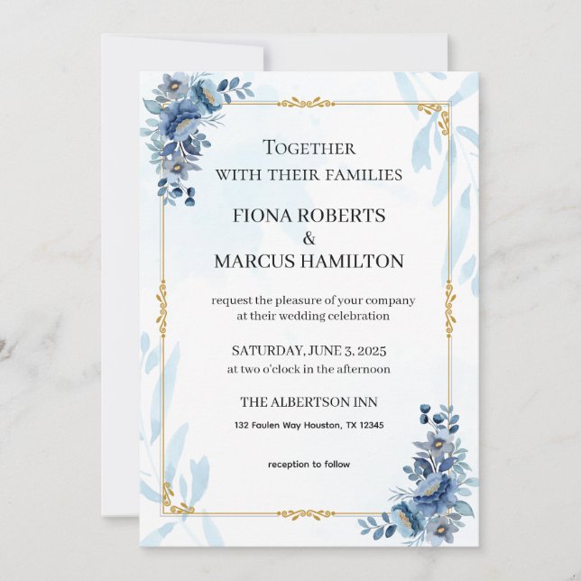 Blue Rustic Floral Élégant Mariage Invitation (Devant)