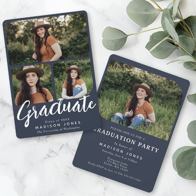Blue Script 4 Photos Graduation Party Invitation (Créateur téléchargé)