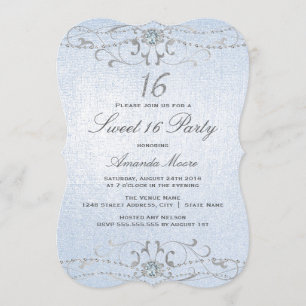 Blue Shimmer Diamond Damask Sweet 16 Invitation