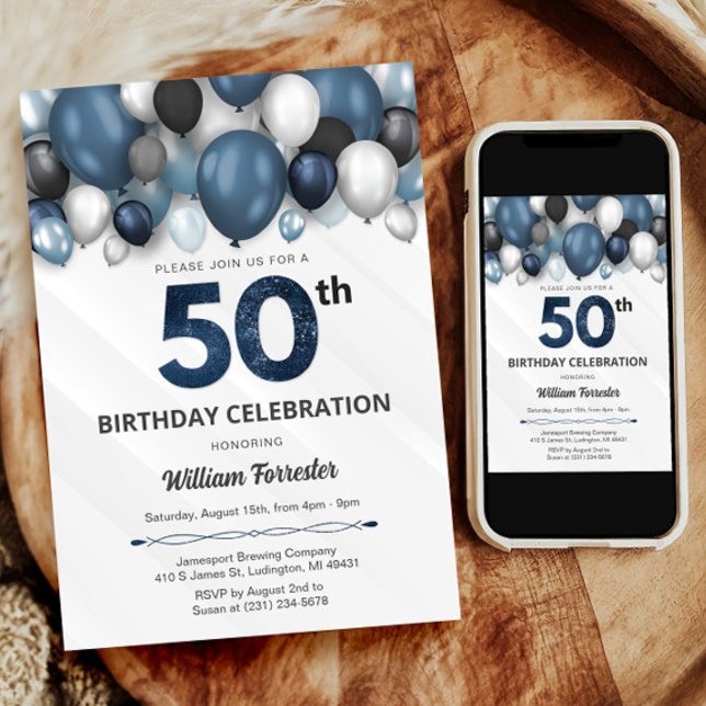 Blue Silver Black & White Invitation 50e anniversa (Blue Silver Black & White 50th Birthday Invitation)