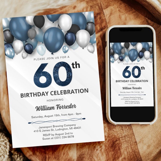 Blue Silver Black & White Invitation 60e anniversa (Blue Silver Black & White 60th Birthday Invitation)