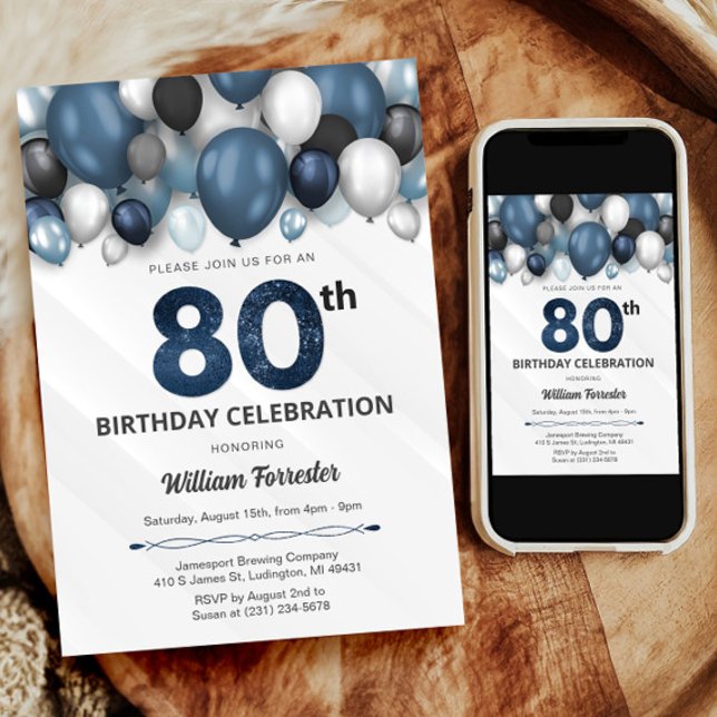 Blue Silver Black & White Invitation d'anniversair (Blue Silver Black & White 80th Birthday Invitation)