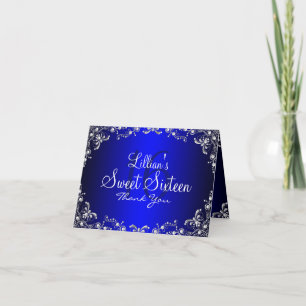 Blue Silver Pearl Damask Sweet 16 Cartes de remerc