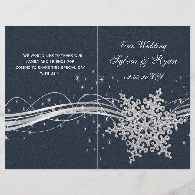 Blue Silver Snowflakes programmes de mariage pliés (Devant)