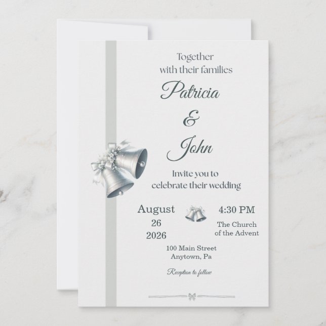 Blue Silver Wedding Bells Wedding Invitation (Devant)