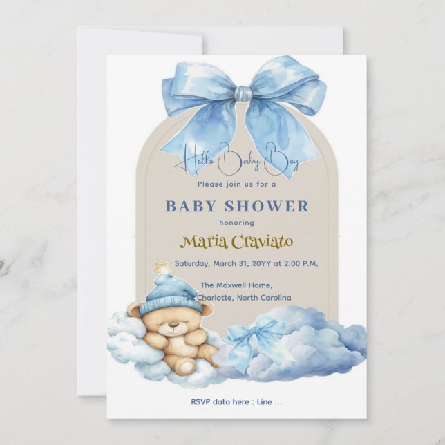 Blue Skies & Teddy Hugs Baby shower Invitation (Devant)