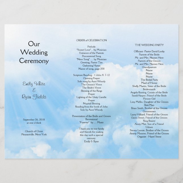 Blue Sky Clouds Tri-fold Wedding Programme (Devant)