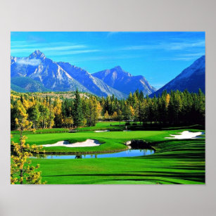 Blue Sky Green Grass Mountain Image Poster de golf