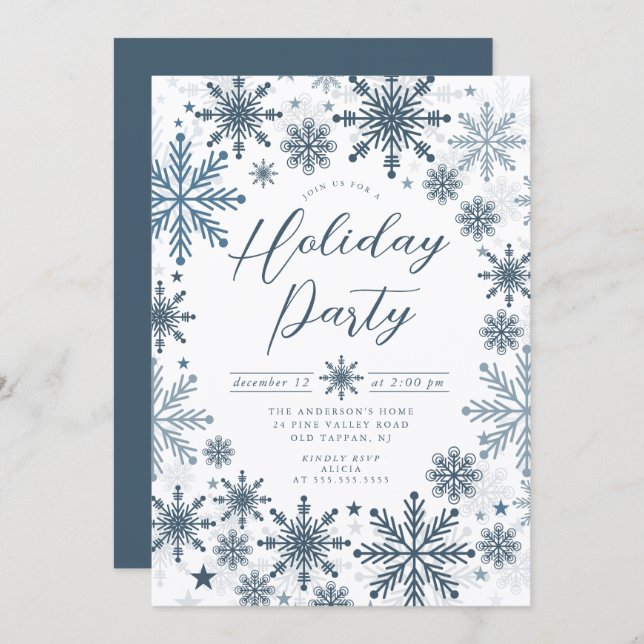 Blue Snowflake Holiday Party Invitation (Devant / Derrière)