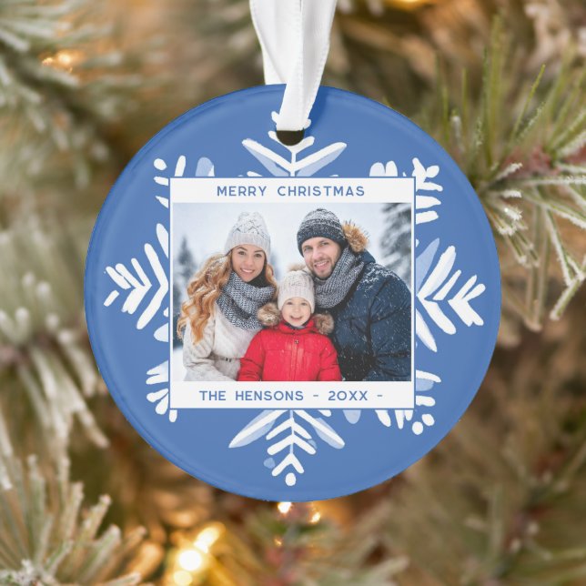 Blue Snowflake Merry Christmas Family Photo (Arbre)
