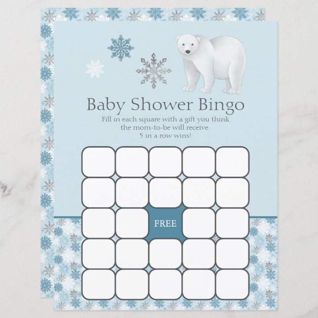 Blue Snowflake Polaire Baby shower Bingo Jeu (Devant / Derrière)