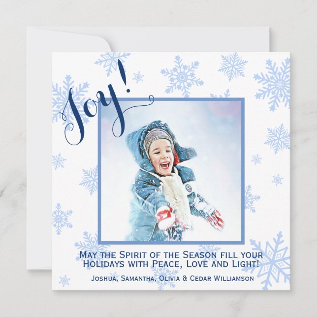Blue Snowflakes Holiday Joy Carré Carte photo (Devant)