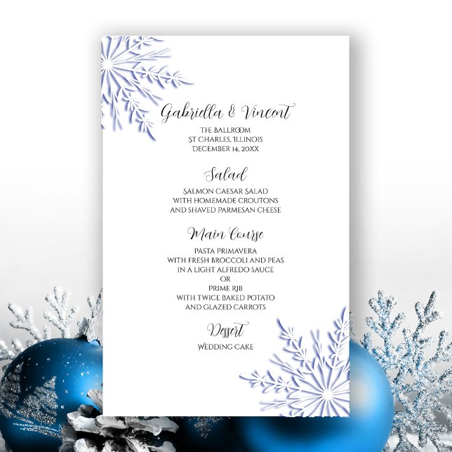Blue Snowflakes sur White Winter Wedding Menu (Créateur téléchargé)