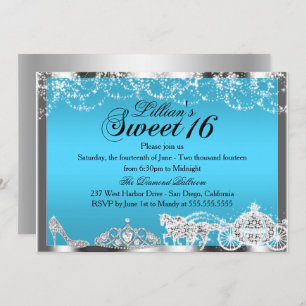 Blue Sparkle Princess Theme Sweet 16 Invitation