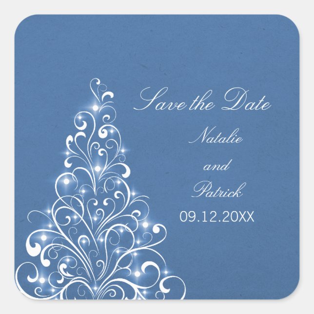 Blue Sparkly Holiday Tree Save the Date Stickers (Devant)