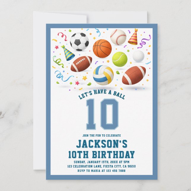 Blue Sports Let’s Have a Ball Birthday Invitation (Devant)