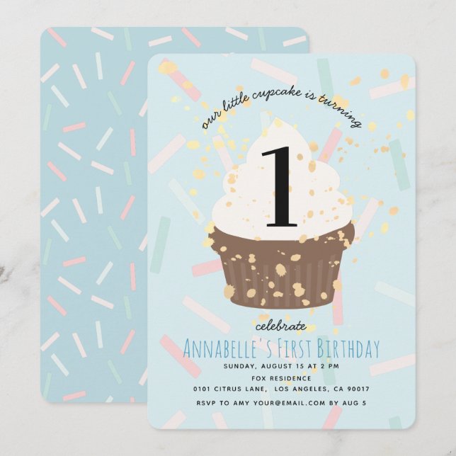 Blue Sprinkings Cupcake Invitation Anniversaire (Devant / Derrière)