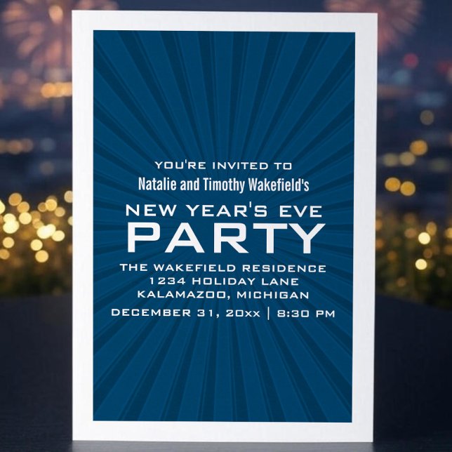 Blue Starburst Stripes Invitation de la fête du No (Blue Starburst Stripes New Years Party Invite)