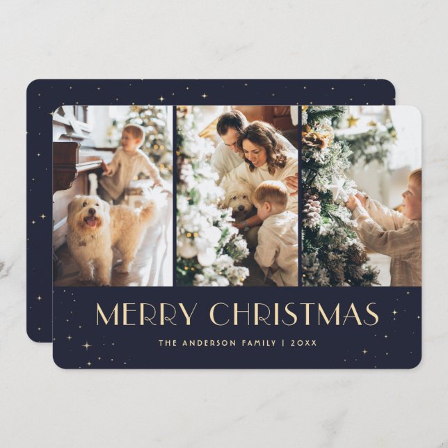 Blue Starry Photo Collage Joyeux Noël Carte (Devant / Derrière)