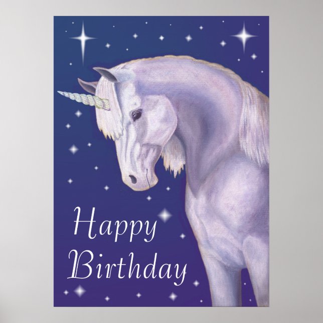 Blue Starry Unicorn Happy Birthday Poster (Devant)